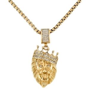 Focus Crowned Lion Pendant with Simulated Diamonds in Stainless Steel Men's